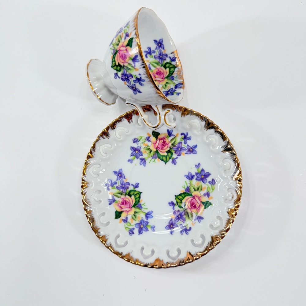 Vintage Footed Teacup Cup & Saucer Pink Rose Purple Flower Gold‎ Gilt, H-B 3175